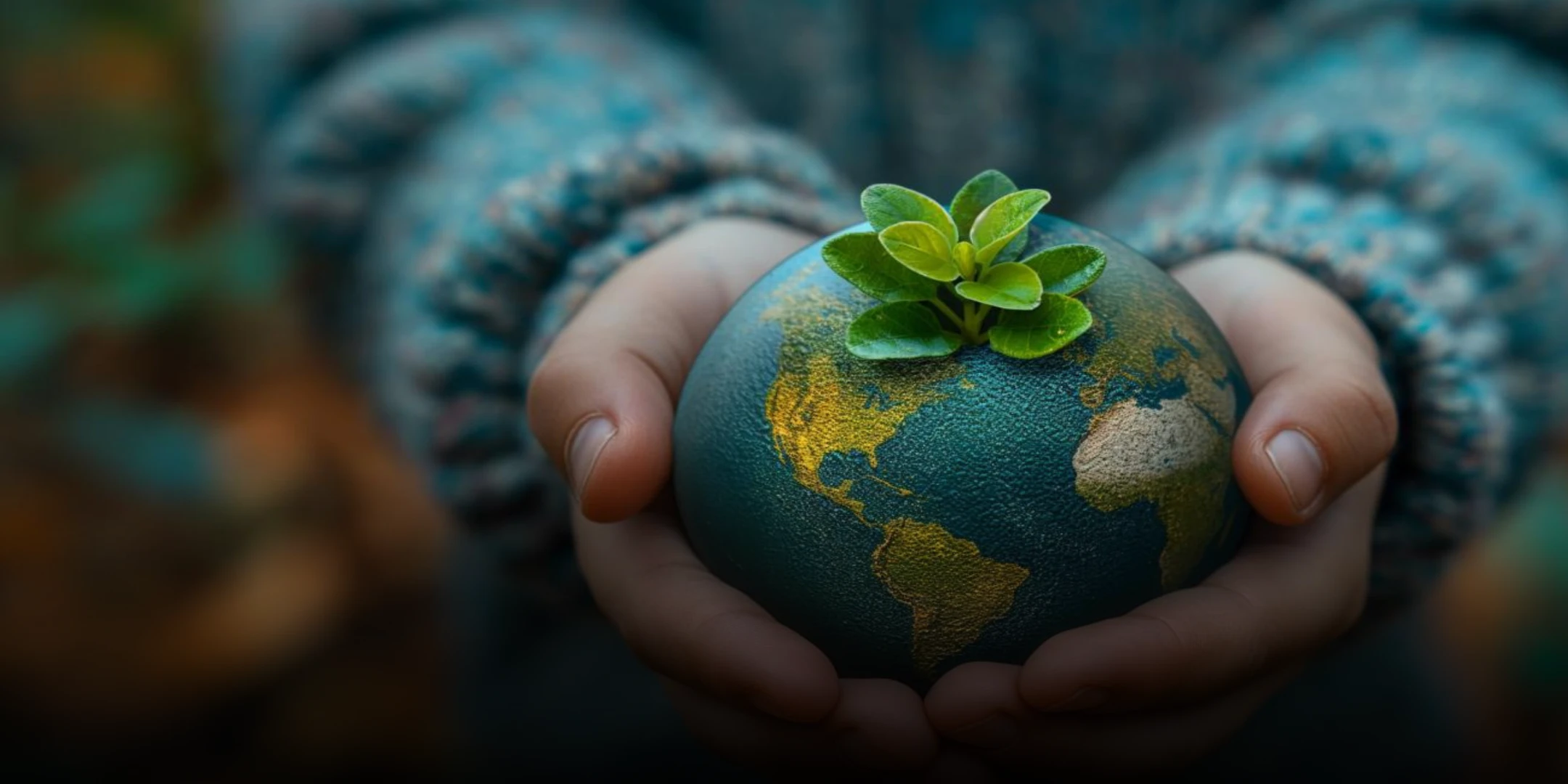 Hands holding earth with plant